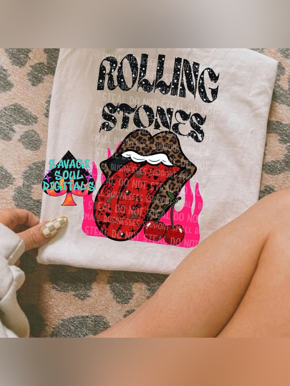 Graphic Tee with Leopard Tongue and Cherry Print Small-XL